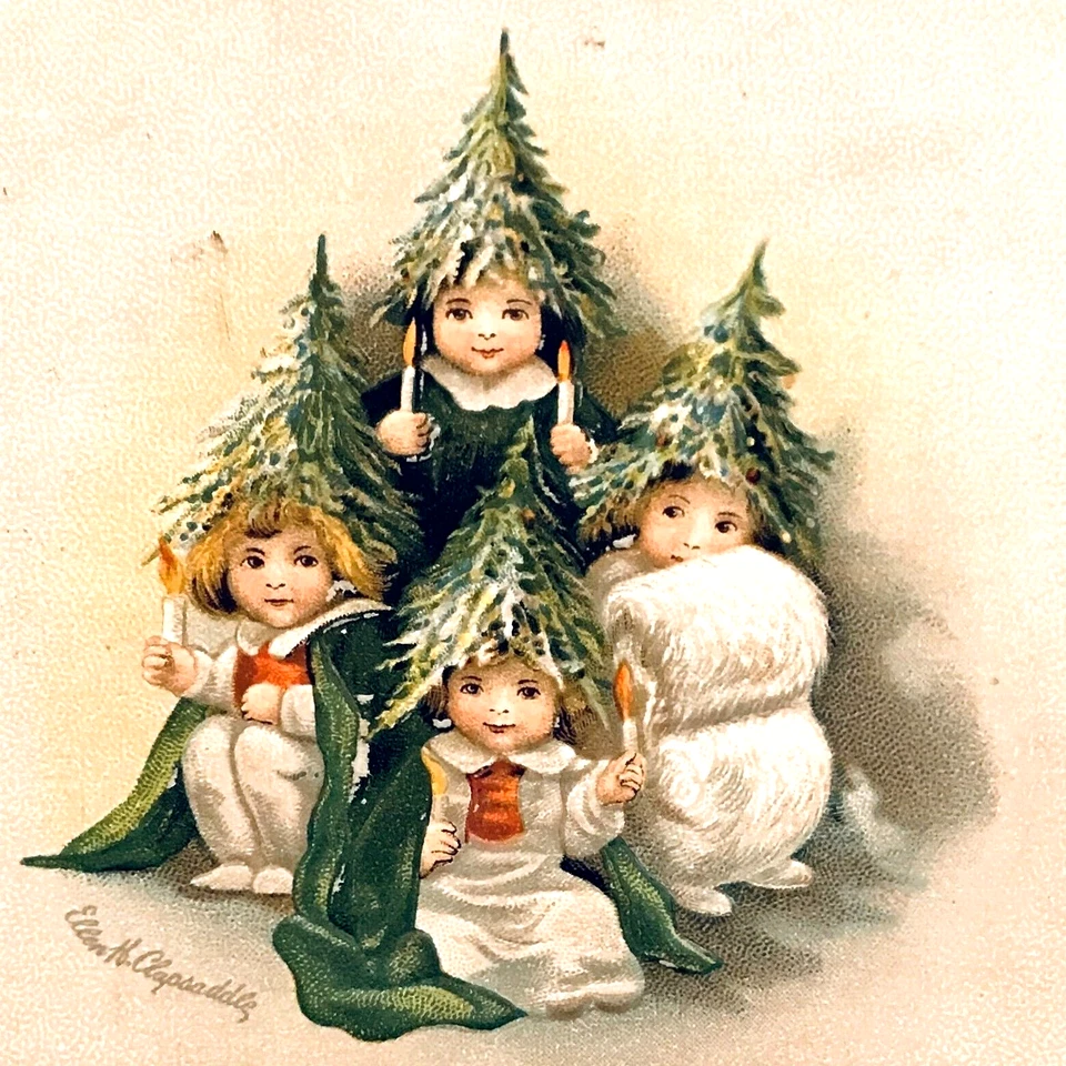 Velas encendidas de colección Clapsaddle niños árbol de Navidad concurso A/S PC Emb c1915 Foto 3 de 4