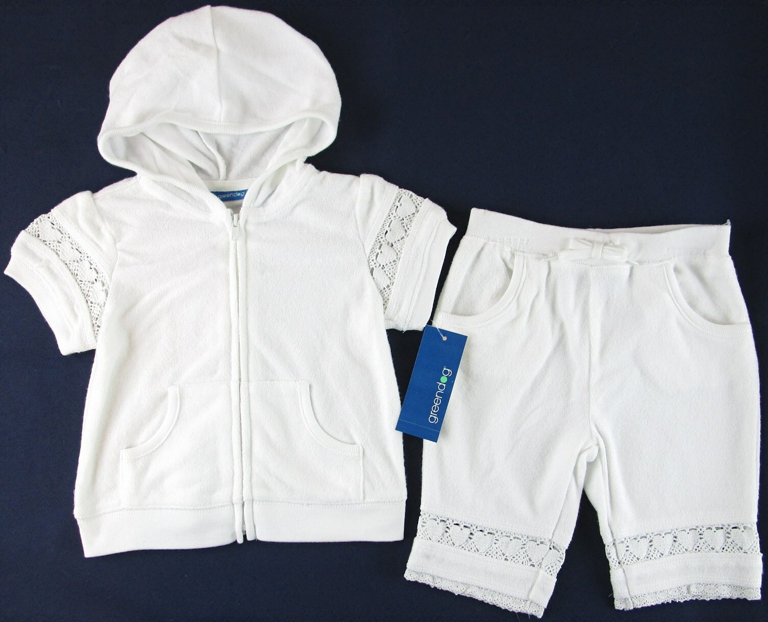 NWT Greendog Infant Girls 2 Pc White Terrycloth SS Hoodie Set Outfit, 12 Mos.