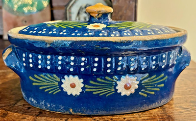 FRENCH ANTIQUE POTTERY BLUE GLAZE CONFIT SAUCIERE EARTHENWARE TERRINE CASSEROLE