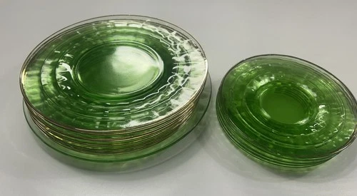 Set 15 Green Depression Uranium Vaseline Glass Block Plates 6 8 9”Anchor Hocking