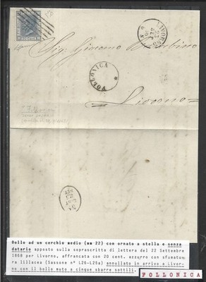 1868 20C LILAC BLUE L26a ISOLATED ON ENVELOPE FROM FOLONICA X LIVORNO E.D. + L.G.