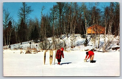 Ice Fishing on a Lake Postcard Fishermen Frozen View Snow Shoes USA Posted 1962