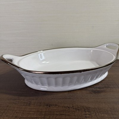 Appetit Marseille White Stoneware 14'' Oval Casserole Baking Dish Bronze Trim