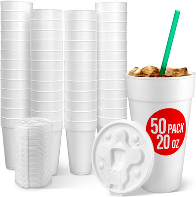 20 Oz Styrofoam Cups with Lids (50 Pack) Large Foam Cups for Hot and Cold Drinks