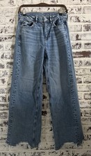 American Eagle Size 4 Super High-Rise Baggy Wide Leg Jeans Raw Destroyed Hem GUC