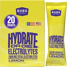 BUBS Naturals Hydrate Or Die Electrolytes (Exp 04/27) 20 Packets, Lemon