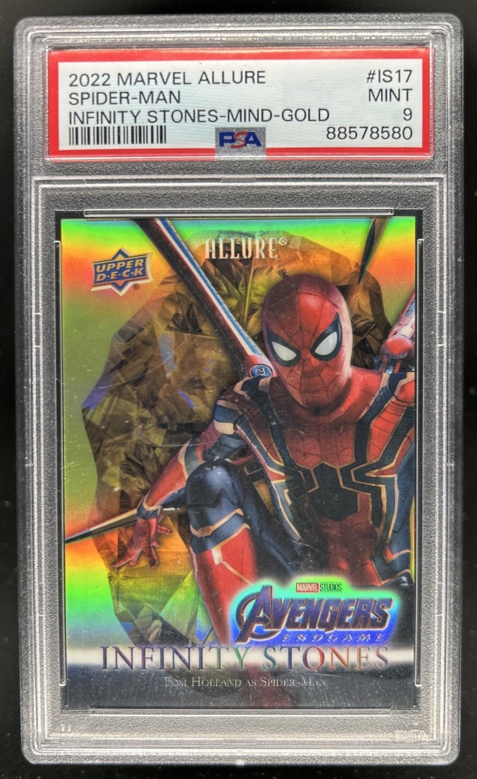 2022 Allure Marvel Tom Holland Spider-Man Infinity Stones Mind Gold #/99 PSA 9 view 1