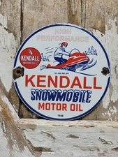 VINTAGE 1948 KENDALL PORCELAIN SIGN SNOWMOBILE GAS MOTOR OIL LUBRICANTS 6" SIGN