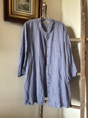 FLAX Linen Tunic Top Plus 1X 1G Blue Chambray Button Up Artsy Lagenlook Blouse