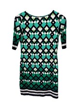 Eliza J Shift Dress Size SZ 0P Green Blue Geometric Print Short Sleeve Zipper