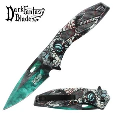 8" DARK FANTASY BLADES PRINTED HANDLE SPRING ASSISTED FOLDING KNIFE CYAN GREEN