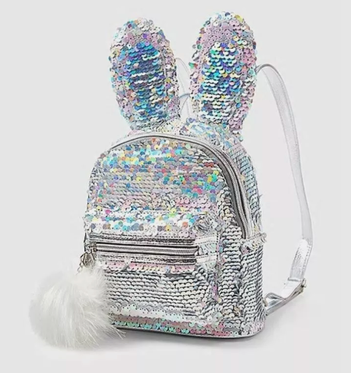 bunny flip sequin mini backpack Justice Bunny Flip Sequin Mini Backpack Silver & Iridescent Sequin Bunny  Ear NWT