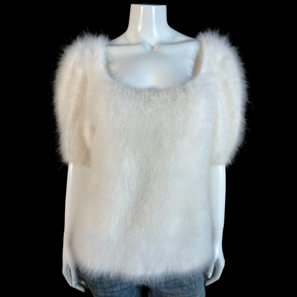 100% Angora Fuzzy Hand-Knit White OOAK Scoop-Neck Short-Sleeve