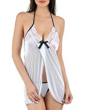 Women Sexy White Satin Lace Chemise Camisole Erotic Babydoll Lingerie Nightdress