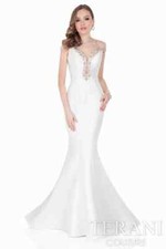 Terani Couture Evening Ivory Embellished Satin Crepe Gown Size 8 349