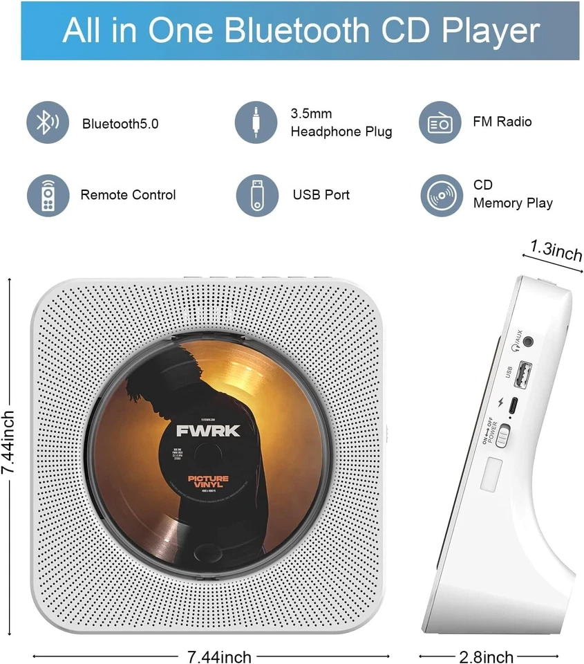 Reproductor de CD vertical de escritorio HiFi con Bluetooth, radio FM y fácil control remoto Foto 4 de 4