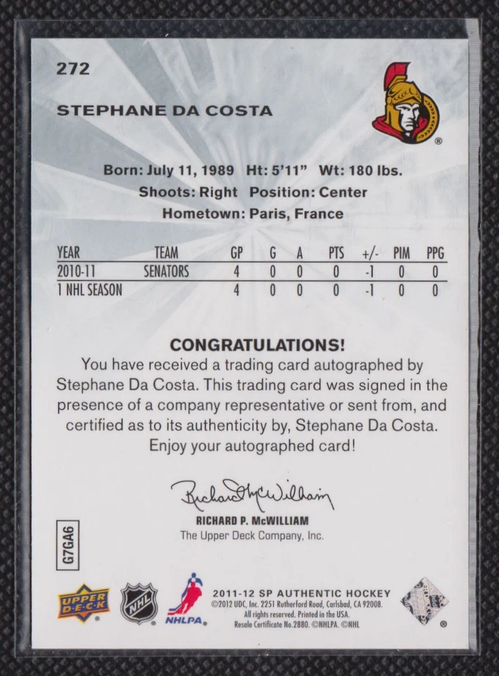 2011-12 SP Authentic Stephane Da Costa Rookie Auto 689/999 Ottawa Senators #272 - Image 2 of 2