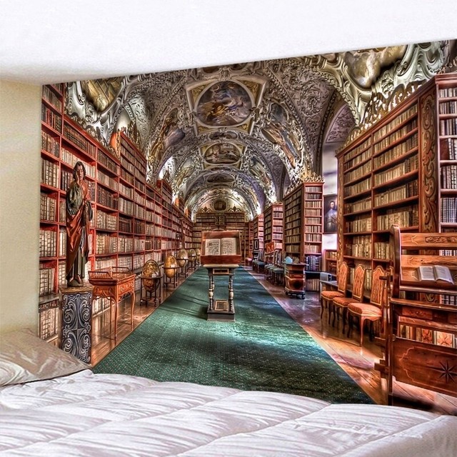 3D Library Tapestry Vintage Bookshelf Tapestry Wall Hanging Wall Home