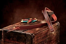  USA  Fixed Length Leather Gun Sling Antique Brass Finish Swivels (Model FL2)