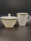 Pyrex Regency Creamer & Sugar Bowl w/ Lid Vintage Milk Glass w/Green Gold Trim
