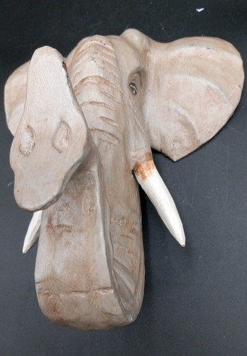 Hand-Carved And Painted Wood Hanging Elephant Head Sculpture Rustic Outsider Art - Picture 3 of 17