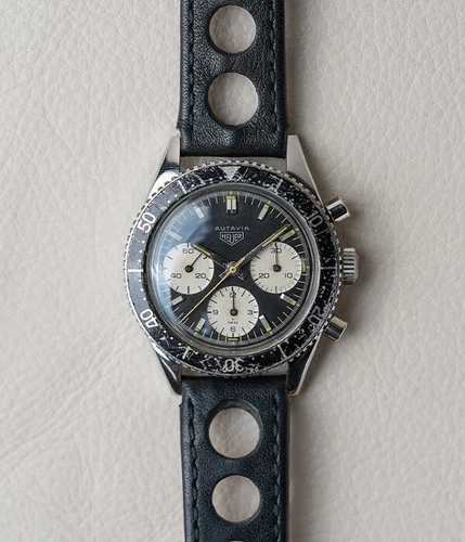 Heuer Autavia 2446 Chronograph "Rindt" Men's 39mm Steel Automatic Watch Black