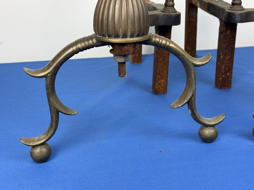 Antique Brass Andirons, Fluted Column & Cabriole Legs 23.25"H Cooking Spit Hook - Picture 5 of 20
