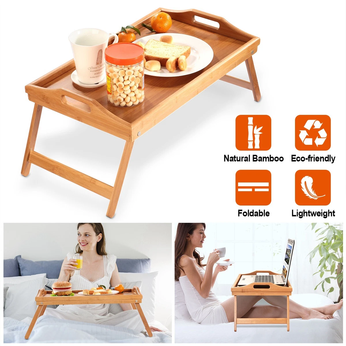 Bamboo Bed Tray Table Breakfast Serving Tray with Foldable Legs