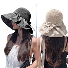 Summer Women Straw Hat Ribbon Wide Brim Floppy Foldable Roll Up Cap Beach Hat