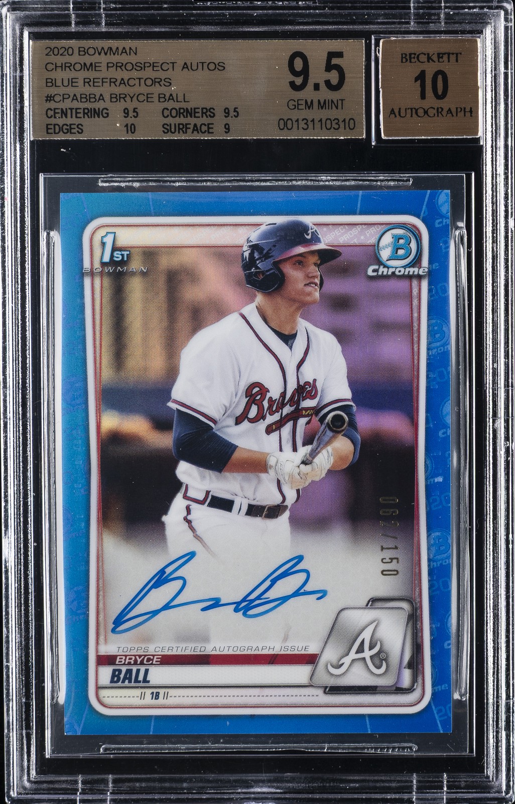 2020 BOWMAN #62/150 BOWMAN CHROME AUTO BLUE REF BRYCE BALL 62/150 BGS 9.5