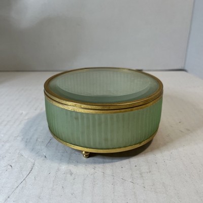 Vtg Art Deco Style Green Ribbed Glass Trinket Box, Gold Trim/feet Mirror Bottom