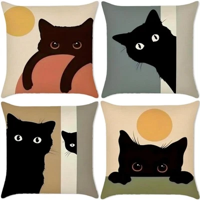 Kissenbezug Leinen 45x45 cm 4er Set minimalistisch Schwarz Katze Dekor Wohnac... - Bild 1 von 4