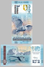 Gr&ouml;nland / Greenland 3 Kroner Souvenirschein 2025 Schneeeule UV Hologramm