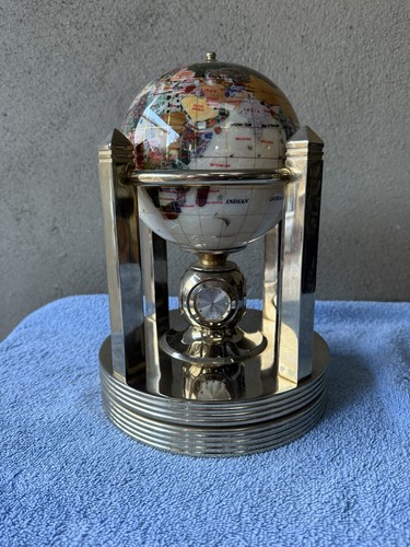 VTG Japan Quartz MANTLE CLOCK Rotational WORLD TIME Brass Globe Gemstone Inlay - Picture 7 of 9