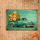 Turquoise Pickup Truck Flower Tin Sign Vintage Rustic Farmhouse Wall Decor