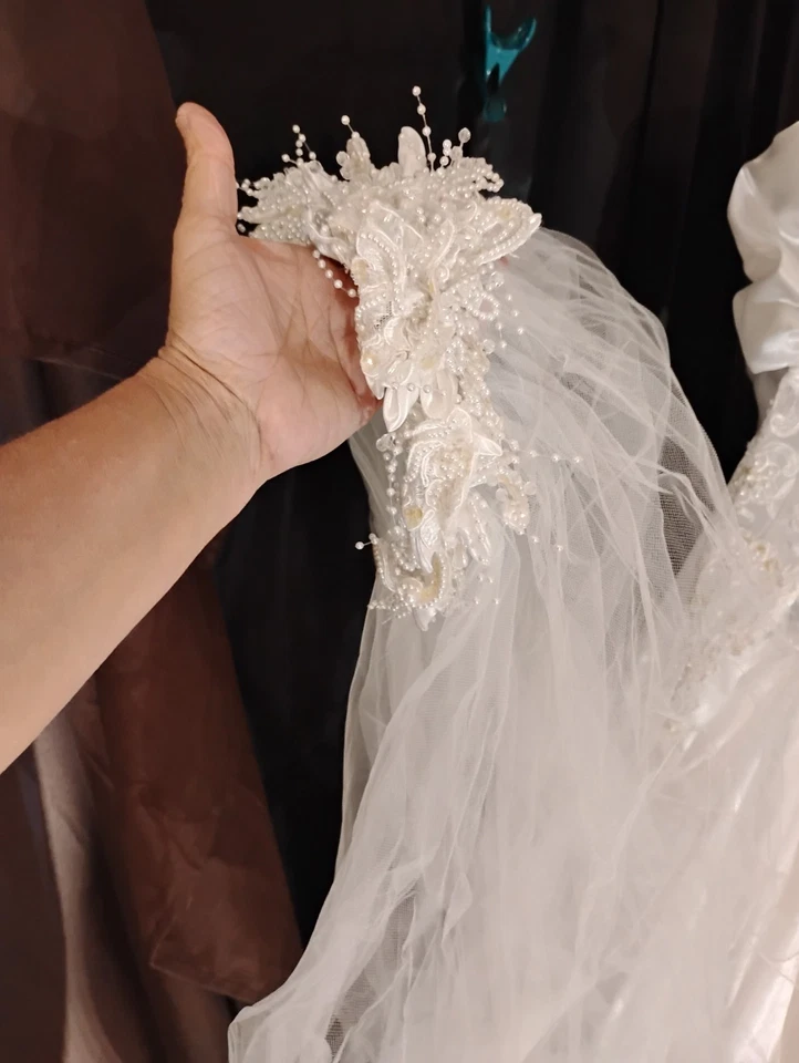 Винтажное свадебное платье бант поезд Puff рукава белый вися бисер с вуалью - Изображение 2 из 4