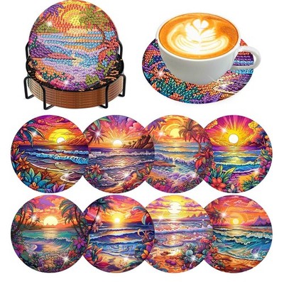 Meothan 8 Pcs Diamond Art Coasters kit with Holder 8 4x4in, Sunset Beach 