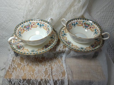 Vtg X2-ENG AYNSLEY BLUE rose PINK 2 Hndl CREAM SOUP BOWLS Tea Cups-BONE CHINA