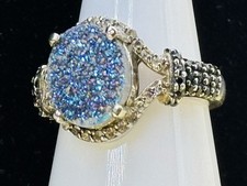 STS Blue Druzy Quartz Ring 925 Sterling Silver Black Pave Accents Size 6