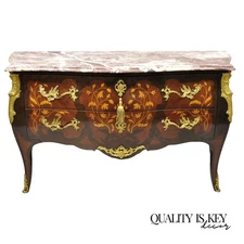 French Louis XV Style Marble Top Marquetry Inlay & Bronze Bombe Commode Dresser