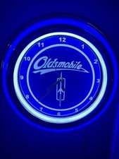 Oldsmobile Motors Script Logo Auto Garage Man Cave Neon Style Led Clock Sign