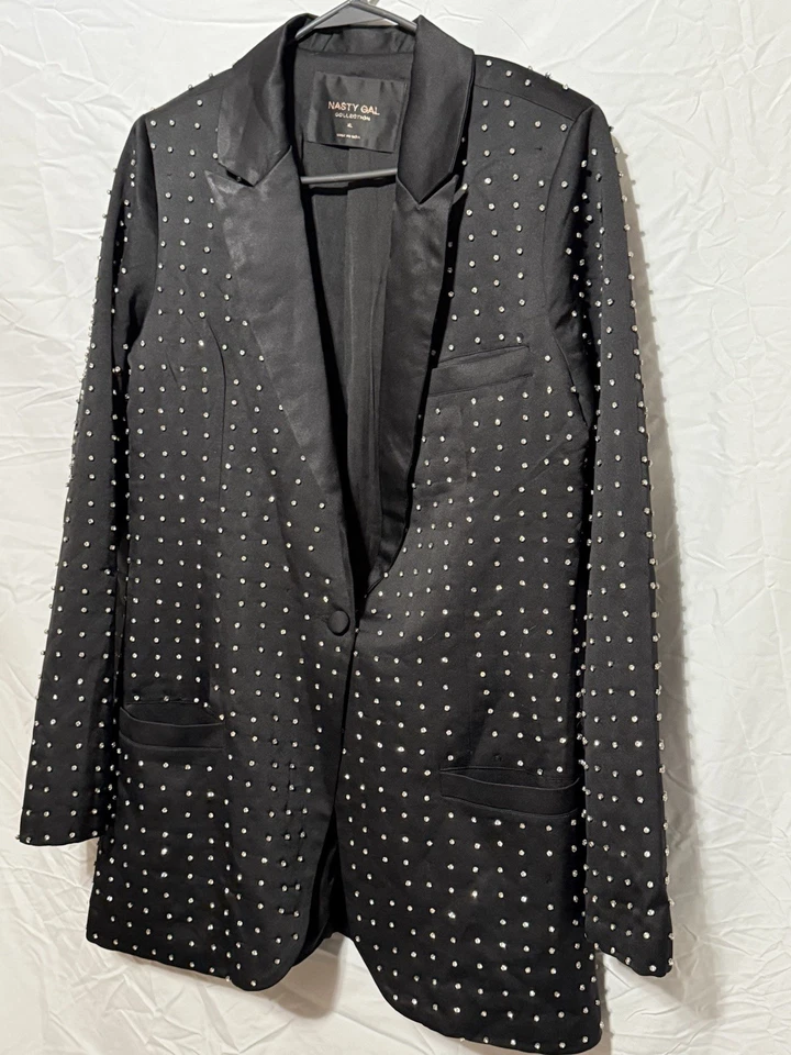 Blazer Nasty Gal Collection Negro Estrás Satinado Tachonado Gótico Halloween XL Foto 2 de 4