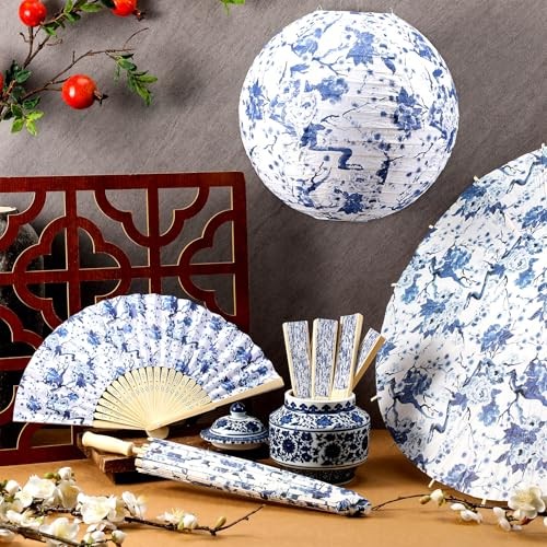 12 Pcs Chinoiserie Decoration Set - Including 4 Christmas Blue and White Paper 