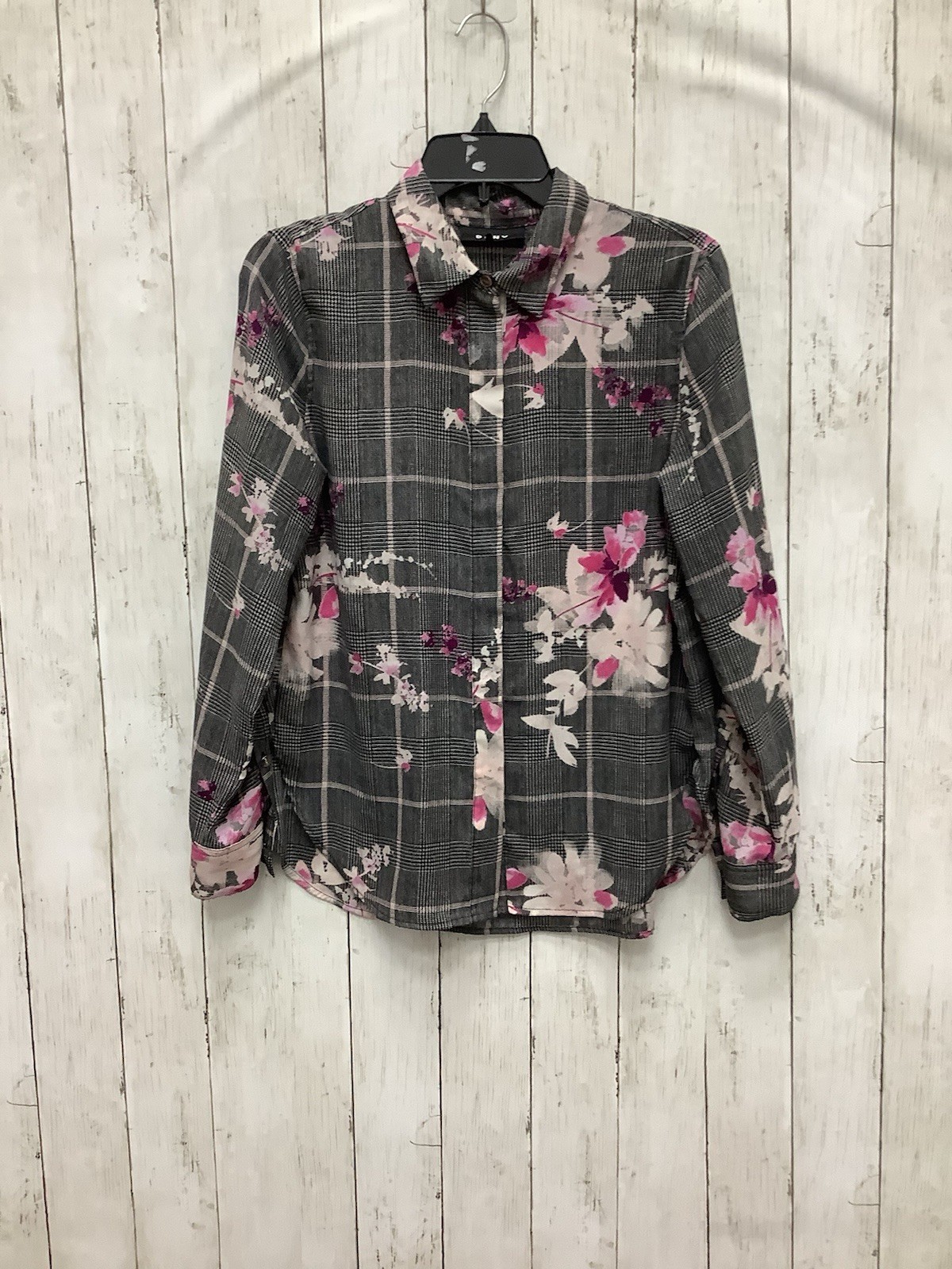 DKNY XS Women's Grey Plaid & Pink Floral Long Sleeve Button Down Blouse Shirt