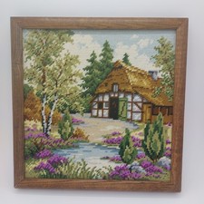 Vintage Needlepoint Cross Stitch Cottage Flower Garden Wooden Framed 13" X 13"