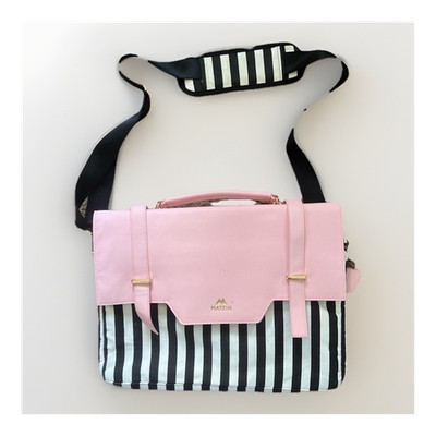 MATEIN Striped Pink Black White Satchel Top Handle Bag Gold Detachable Strap