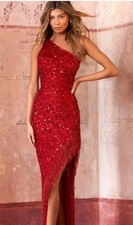 sherri hill red one shoulder  prom dress 6 fringe high slit open strap back