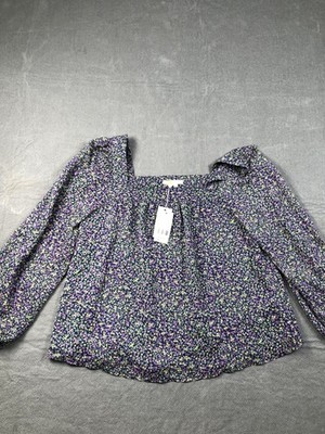 Boden Blouse Womens 8 Green Square Neck Long Balloon Sleeve Floral Chiffon NWT