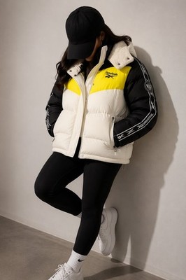 Reebok Men's Colorblock Hooded Puffer Jacket Stand-Up Collar White/Yel/Blk M