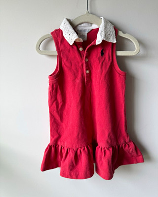 Vintage Ralph Lauren Girls 18M Red Shirt Dress Sleeveless Collared Cotton Knee